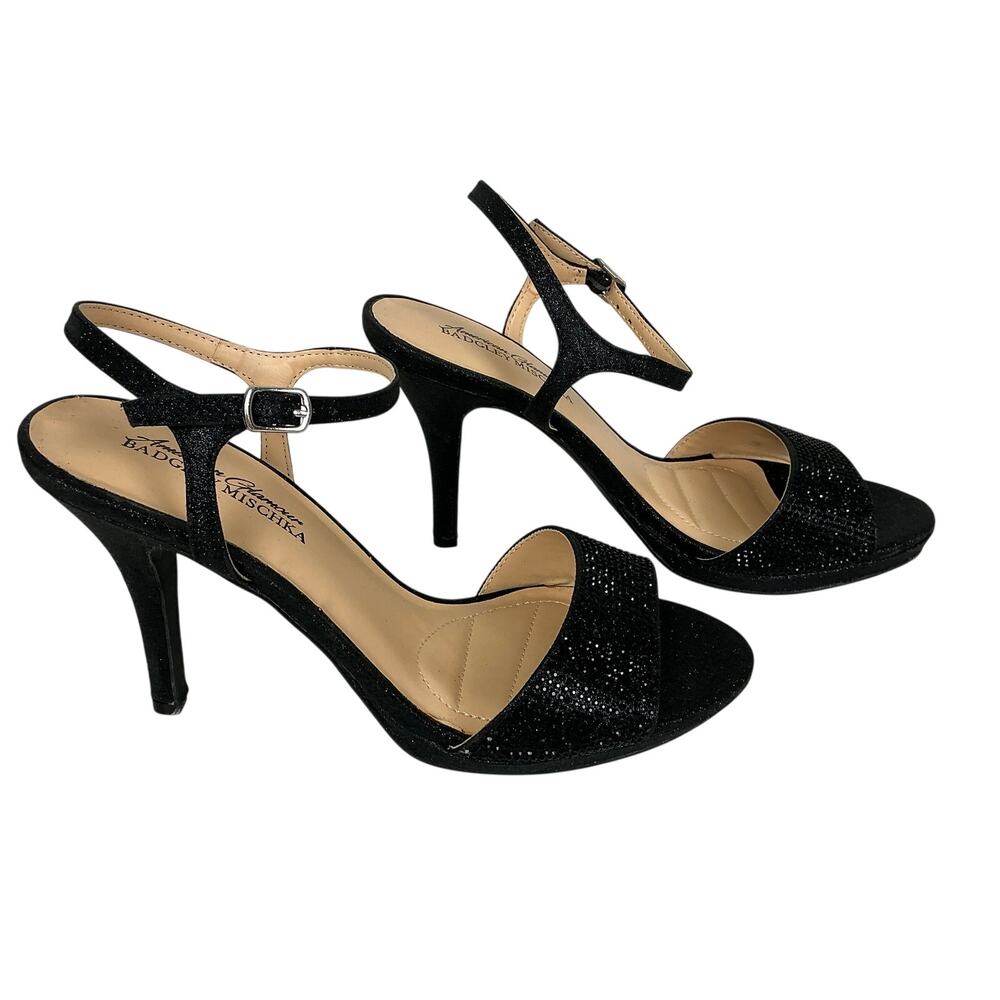 Badgley Mischka Yasmin Black High Heels Metallic Ankle Strap Shoes Size 8